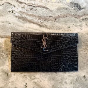 Saint Laurent Uptown Pouch in Crocodile-Embossed Shiny Leather